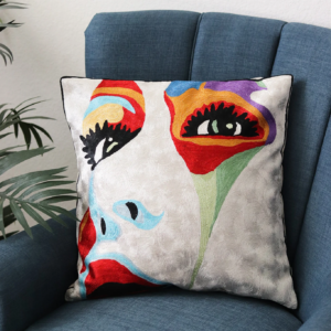 Embroidered Pillow Cover – Abstract Face Bohemian Home Décor