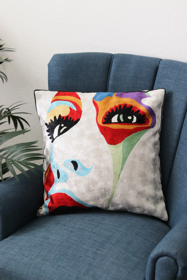 Embroidered Pillow Cover – Abstract Face Bohemian Home Décor