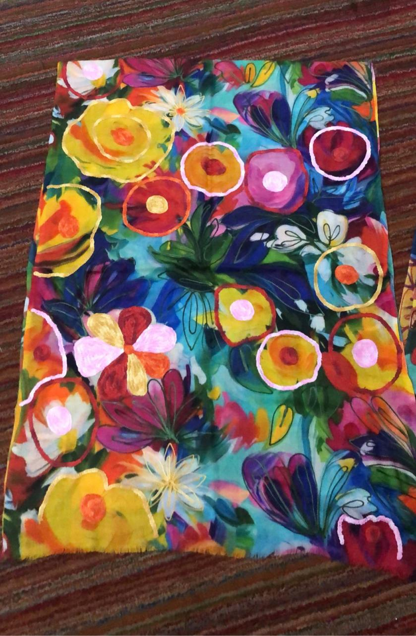 Bohemian Embroidered Scarf – Lightweight Abstract Bouquet Wrap for Women