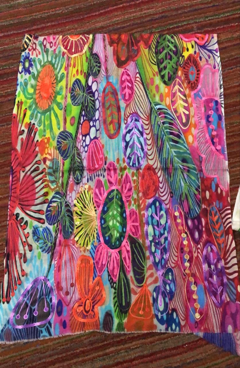Bohemian Embroidered Scarf – Lightweight Abstract Bloom and Foliage Wrap for Women
