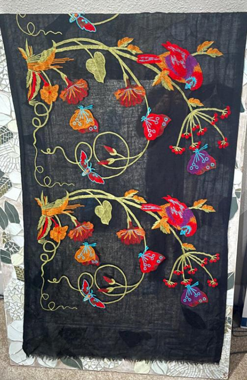Bohemian Embroidered Scarf – Lightweight Bird and Bloom Wrap for Women
