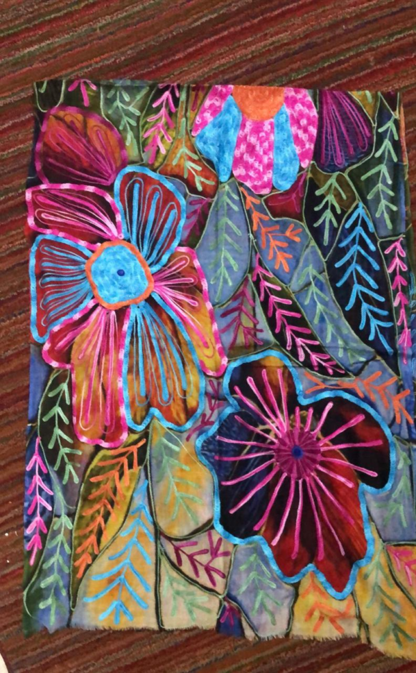 Bohemian Embroidered Scarf – Lightweight Abstract Leaf and Blossom Wrap for Women