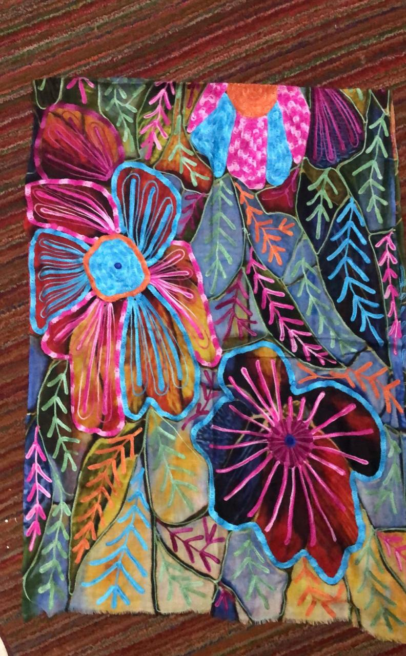 Bohemian Embroidered Scarf – Lightweight Abstract Leaf and Blossom Wrap for Women