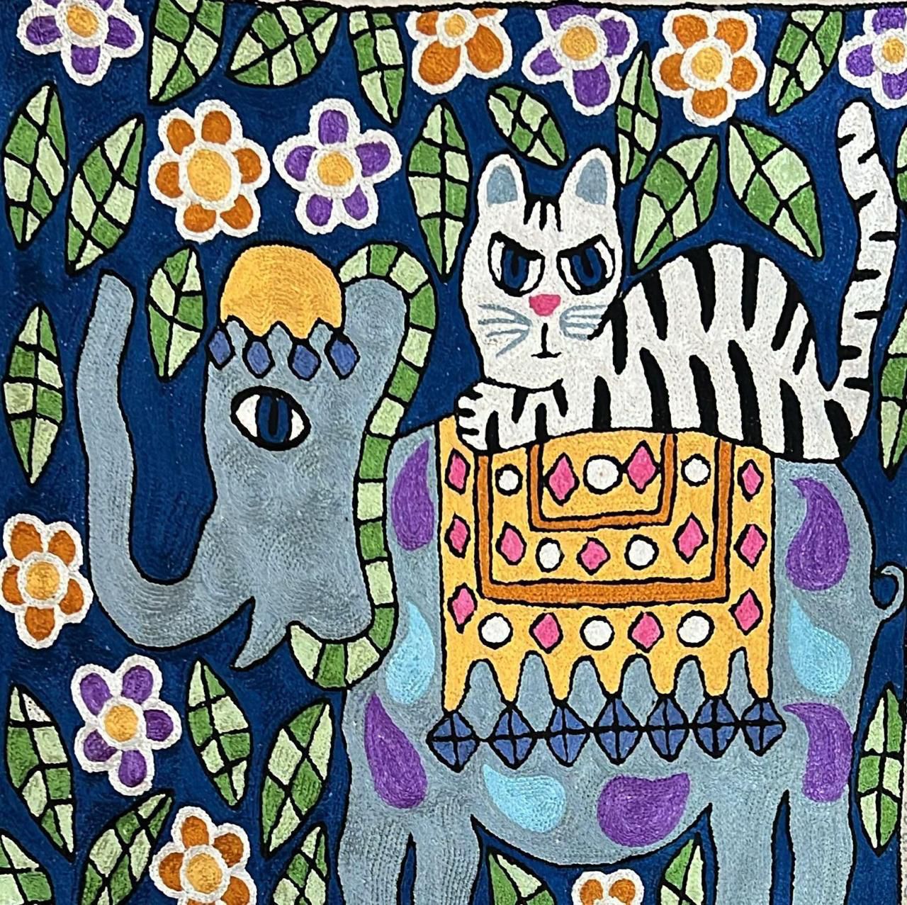 Embroidered Pillow Cover – Abstract Cat and Elephant Home Décor